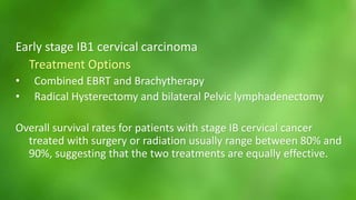 Early stage IB1 cervical carcinoma 
Treatment Options 
• Combined EBRT and Brachytherapy 
• Radical Hysterectomy and bilateral Pelvic lymphadenectomy 
Overall survival rates for patients with stage IB cervical cancer 
treated with surgery or radiation usually range between 80% and 
90%, suggesting that the two treatments are equally effective. 
 