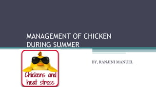 MANAGEMENT OF CHICKEN
DURING SUMMER
BY, RANJINI MANUEL
 