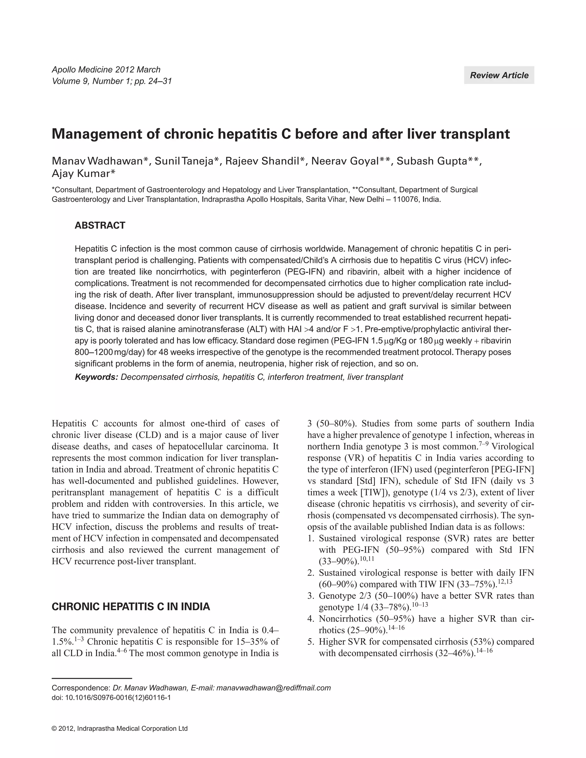Management of chronic hepatitis c before and after liver transplant | PDF