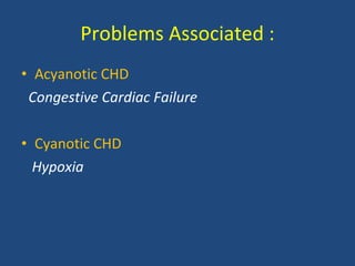Problems Associated : <ul><li>Acyanotic CHD </li></ul><ul><li>Congestive Cardiac Failure </li></ul><ul><li>Cyanotic CHD </...