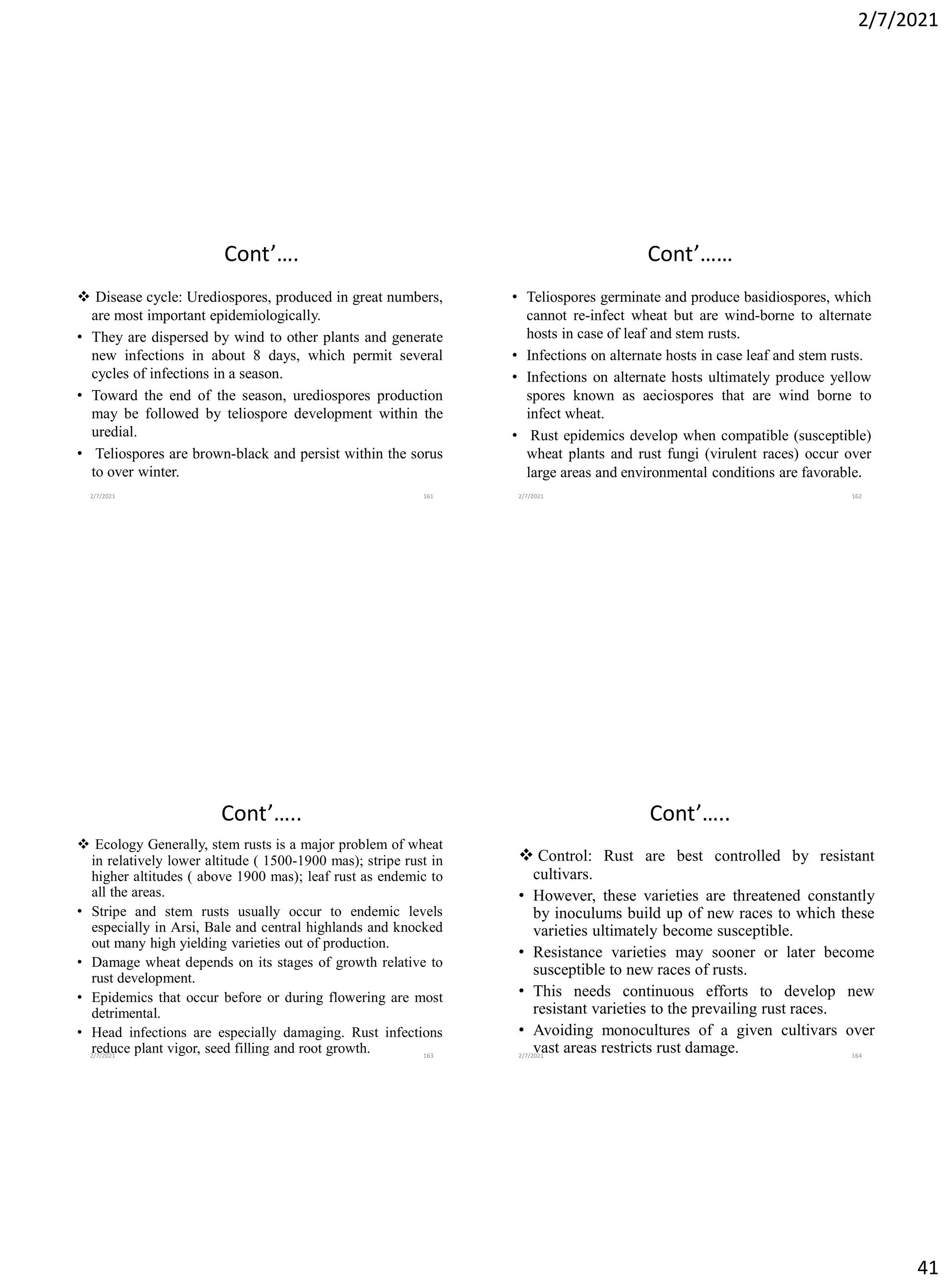 2/7/2021
41
Cont’….
❖ Disease cycle: Urediospores, produced in great numbers,
are most important epidemiologically.
• They are dispersed by wind to other plants and generate
new infections in about 8 days, which permit several
cycles of infections in a season.
• Toward the end of the season, urediospores production
may be followed by teliospore development within the
uredial.
• Teliospores are brown-black and persist within the sorus
to over winter.
2/7/2021 161
Cont’……
• Teliospores germinate and produce basidiospores, which
cannot re-infect wheat but are wind-borne to alternate
hosts in case of leaf and stem rusts.
• Infections on alternate hosts in case leaf and stem rusts.
• Infections on alternate hosts ultimately produce yellow
spores known as aeciospores that are wind borne to
infect wheat.
• Rust epidemics develop when compatible (susceptible)
wheat plants and rust fungi (virulent races) occur over
large areas and environmental conditions are favorable.
2/7/2021 162
Cont’…..
❖ Ecology Generally, stem rusts is a major problem of wheat
in relatively lower altitude ( 1500-1900 mas); stripe rust in
higher altitudes ( above 1900 mas); leaf rust as endemic to
all the areas.
• Stripe and stem rusts usually occur to endemic levels
especially in Arsi, Bale and central highlands and knocked
out many high yielding varieties out of production.
• Damage wheat depends on its stages of growth relative to
rust development.
• Epidemics that occur before or during flowering are most
detrimental.
• Head infections are especially damaging. Rust infections
reduce plant vigor, seed filling and root growth.
2/7/2021 163
Cont’…..
❖ Control: Rust are best controlled by resistant
cultivars.
• However, these varieties are threatened constantly
by inoculums build up of new races to which these
varieties ultimately become susceptible.
• Resistance varieties may sooner or later become
susceptible to new races of rusts.
• This needs continuous efforts to develop new
resistant varieties to the prevailing rust races.
• Avoiding monocultures of a given cultivars over
vast areas restricts rust damage.
2/7/2021 164
 