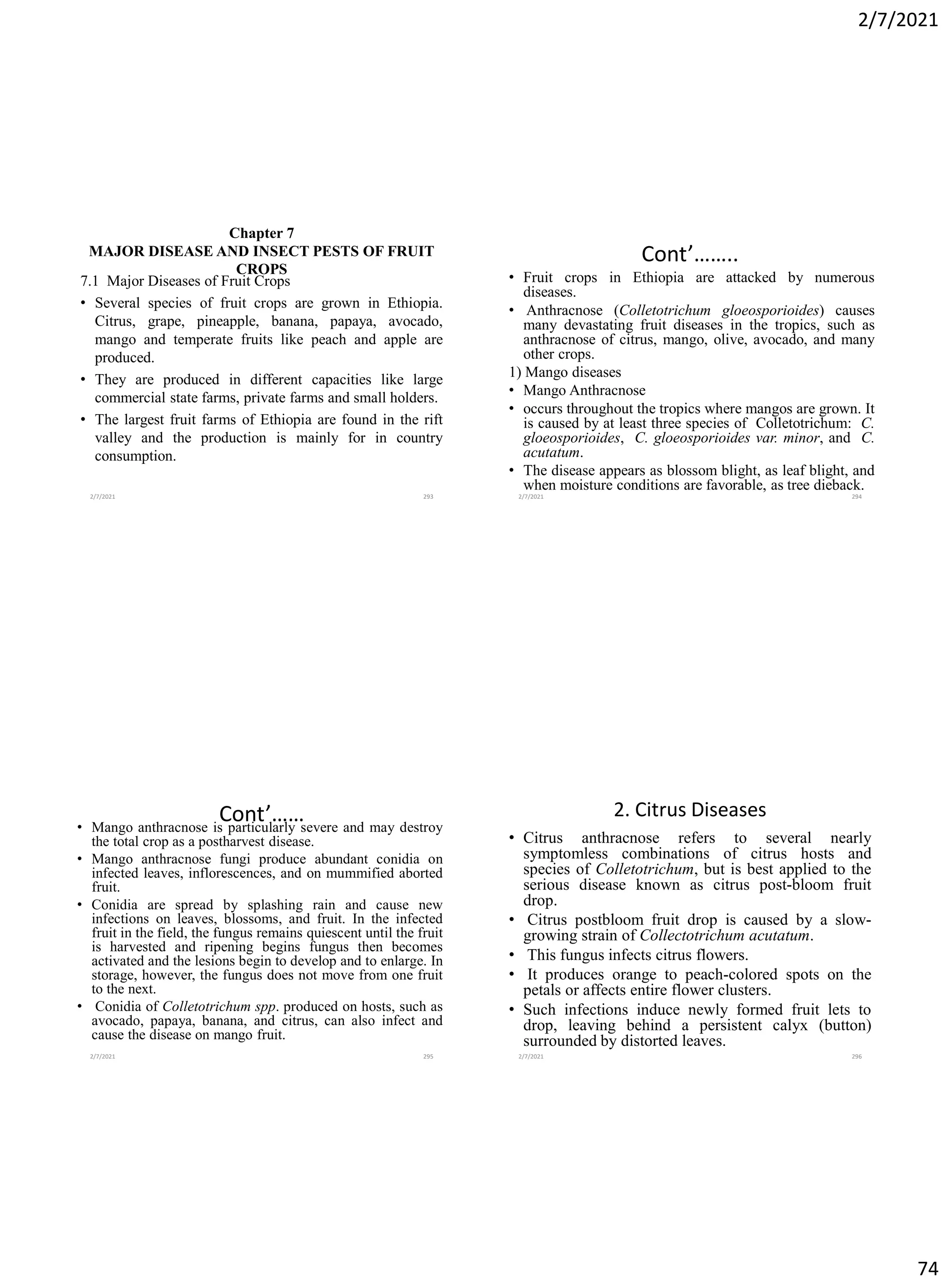 2/7/2021
74
Chapter 7
MAJOR DISEASE AND INSECT PESTS OF FRUIT
CROPS
7.1 Major Diseases of Fruit Crops
• Several species of fruit crops are grown in Ethiopia.
Citrus, grape, pineapple, banana, papaya, avocado,
mango and temperate fruits like peach and apple are
produced.
• They are produced in different capacities like large
commercial state farms, private farms and small holders.
• The largest fruit farms of Ethiopia are found in the rift
valley and the production is mainly for in country
consumption.
2/7/2021 293
Cont’……..
• Fruit crops in Ethiopia are attacked by numerous
diseases.
• Anthracnose (Colletotrichum gloeosporioides) causes
many devastating fruit diseases in the tropics, such as
anthracnose of citrus, mango, olive, avocado, and many
other crops.
1) Mango diseases
• Mango Anthracnose
• occurs throughout the tropics where mangos are grown. It
is caused by at least three species of Colletotrichum: C.
gloeosporioides, C. gloeosporioides var. minor, and C.
acutatum.
• The disease appears as blossom blight, as leaf blight, and
when moisture conditions are favorable, as tree dieback.
2/7/2021 294
Cont’……
• Mango anthracnose is particularly severe and may destroy
the total crop as a postharvest disease.
• Mango anthracnose fungi produce abundant conidia on
infected leaves, inflorescences, and on mummified aborted
fruit.
• Conidia are spread by splashing rain and cause new
infections on leaves, blossoms, and fruit. In the infected
fruit in the field, the fungus remains quiescent until the fruit
is harvested and ripening begins fungus then becomes
activated and the lesions begin to develop and to enlarge. In
storage, however, the fungus does not move from one fruit
to the next.
• Conidia of Colletotrichum spp. produced on hosts, such as
avocado, papaya, banana, and citrus, can also infect and
cause the disease on mango fruit.
2/7/2021 295
2. Citrus Diseases
• Citrus anthracnose refers to several nearly
symptomless combinations of citrus hosts and
species of Colletotrichum, but is best applied to the
serious disease known as citrus post-bloom fruit
drop.
• Citrus postbloom fruit drop is caused by a slow-
growing strain of Collectotrichum acutatum.
• This fungus infects citrus flowers.
• It produces orange to peach-colored spots on the
petals or affects entire flower clusters.
• Such infections induce newly formed fruit lets to
drop, leaving behind a persistent calyx (button)
surrounded by distorted leaves.
2/7/2021 296
 