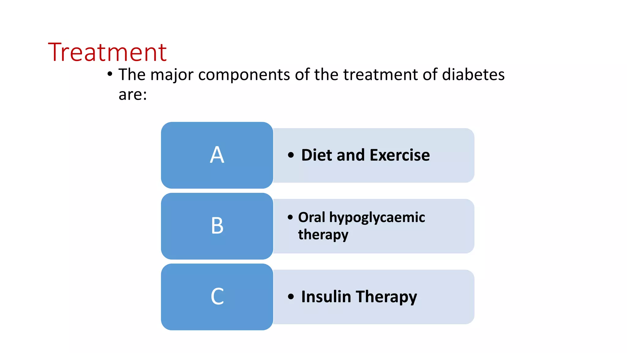 Treatment
• The major components of the treatment of diabetes
are:
• Diet and ExerciseA
• Oral hypoglycaemic
therapyB
• Insulin TherapyC
 