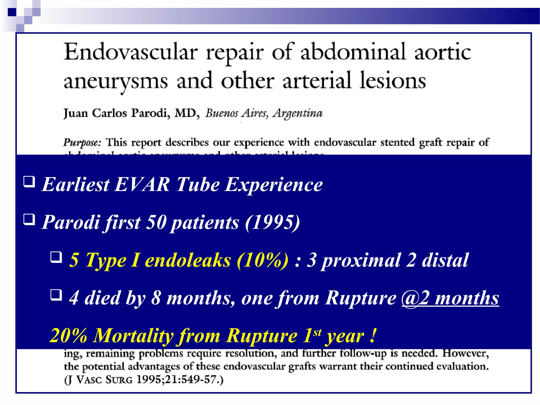  Earliest EVAR Tube Experience
 Parodi first 50 patients (1995)
 5 Type I endoleaks (10%) : 3 proximal 2 distal
 4 died by 8 months, one from Rupture @2 months
20% Mortality from Rupture 1st
year !
 