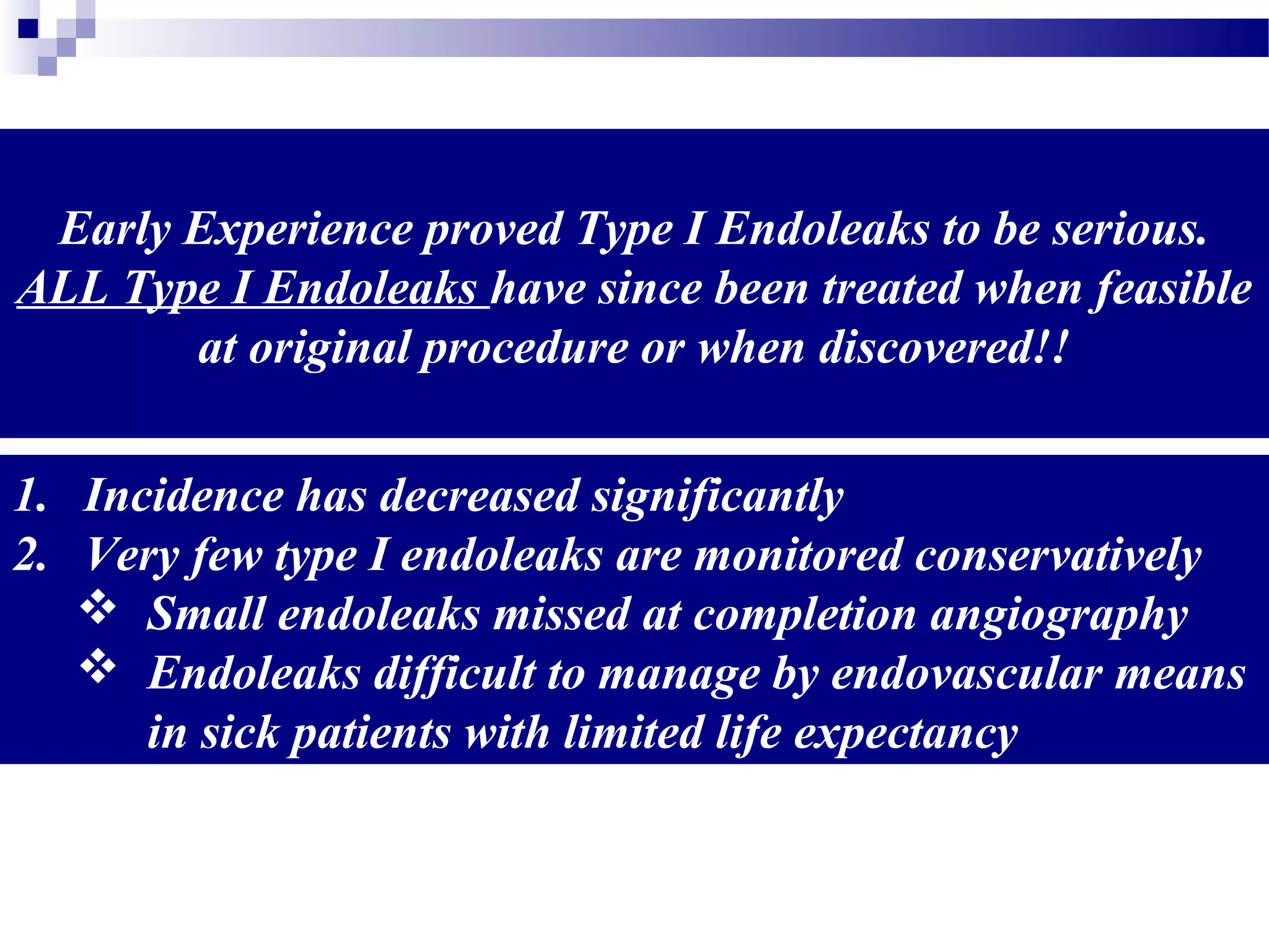 Early Experience proved Type I Endoleaks to be serious.
ALL Type I Endoleaks have since been treated when feasible
at original procedure or when discovered!!
1. Incidence has decreased significantly
2. Very few type I endoleaks are monitored conservatively
 Small endoleaks missed at completion angiography
 Endoleaks difficult to manage by endovascular means
in sick patients with limited life expectancy
 