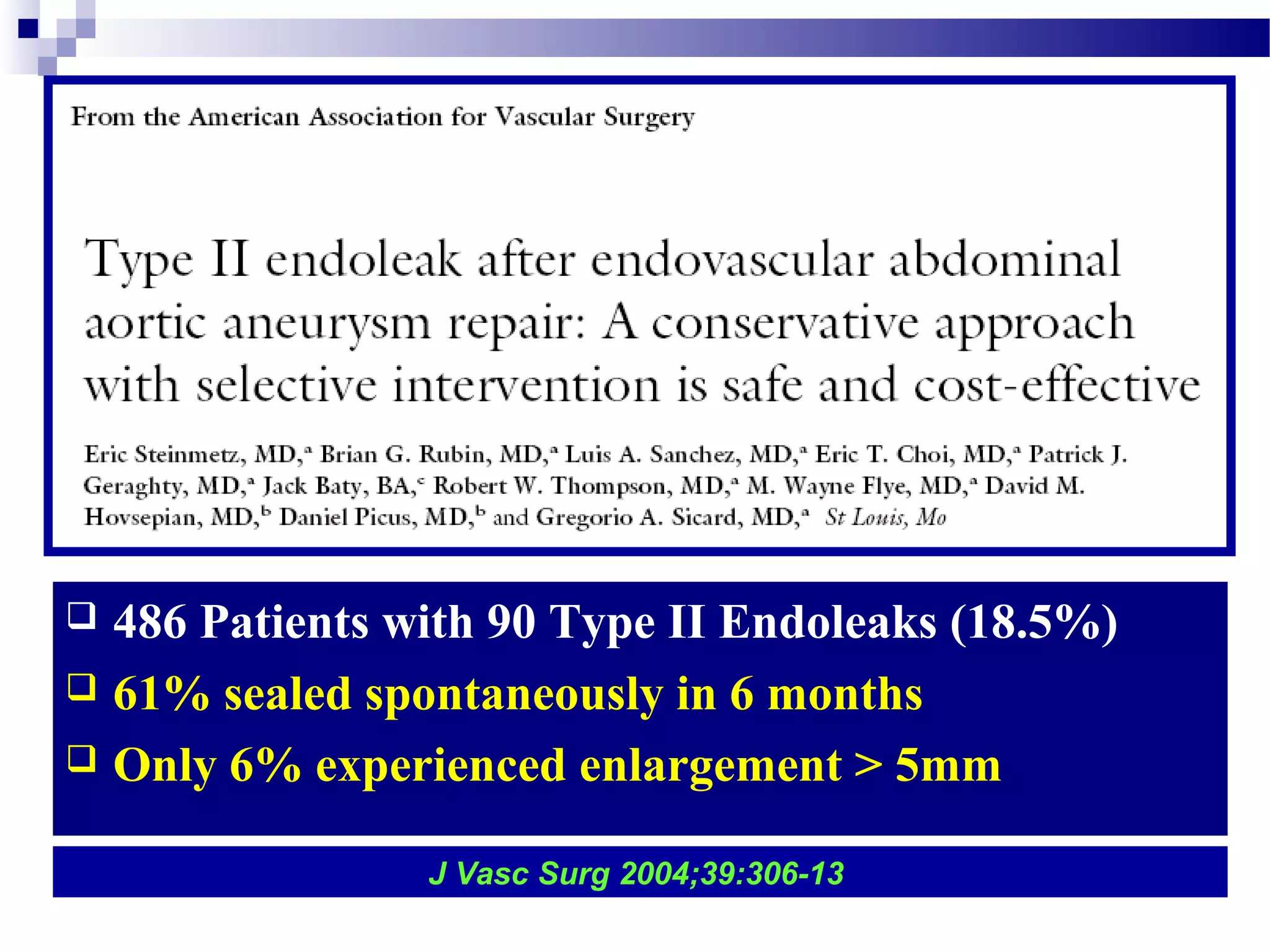  486 Patients with 90 Type II Endoleaks (18.5%)
 61% sealed spontaneously in 6 months
 Only 6% experienced enlargement > 5mm
J Vasc Surg 2004;39:306-13
 