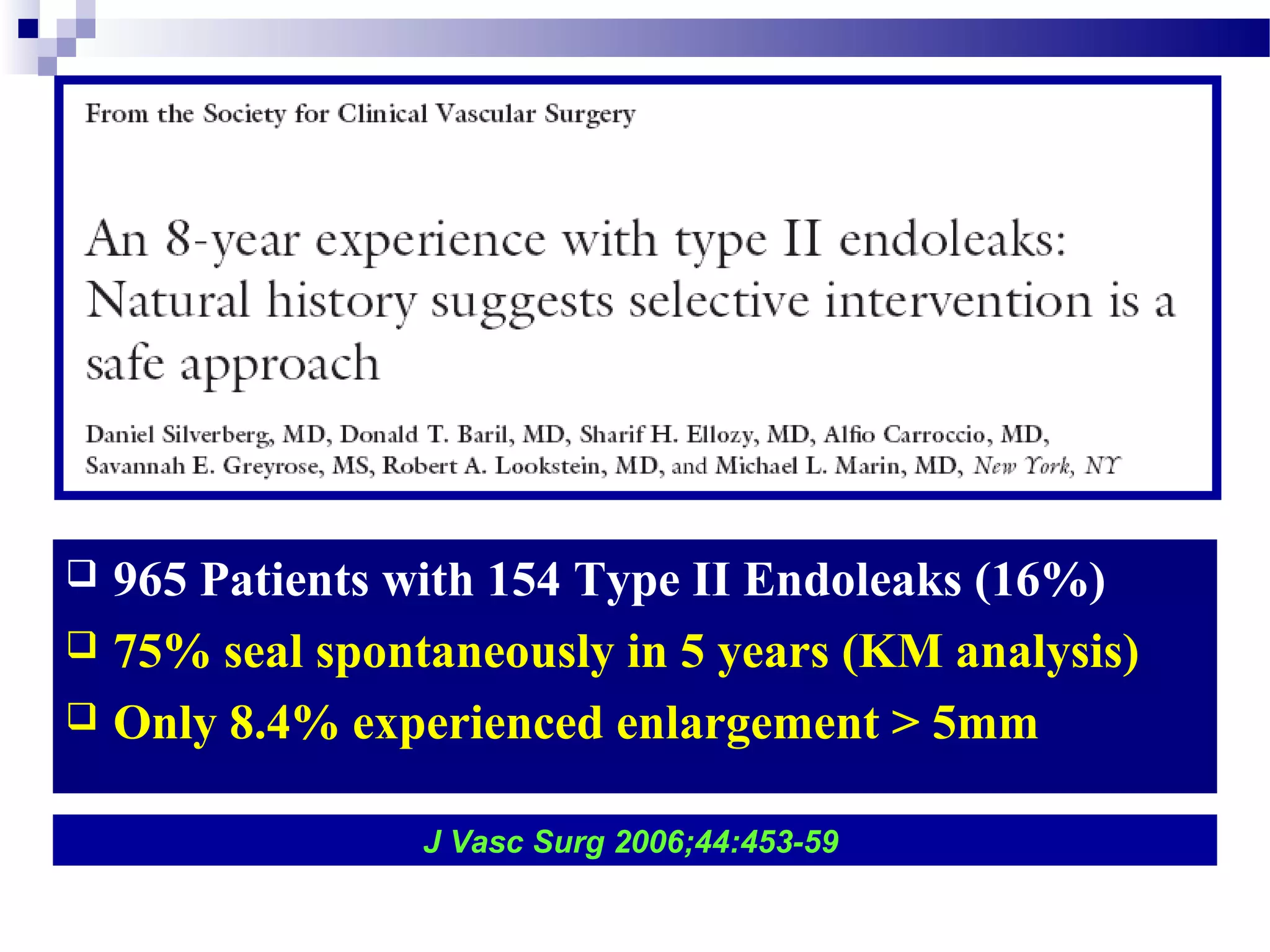  965 Patients with 154 Type II Endoleaks (16%)
 75% seal spontaneously in 5 years (KM analysis)
 Only 8.4% experienced enlargement > 5mm
J Vasc Surg 2006;44:453-59
 