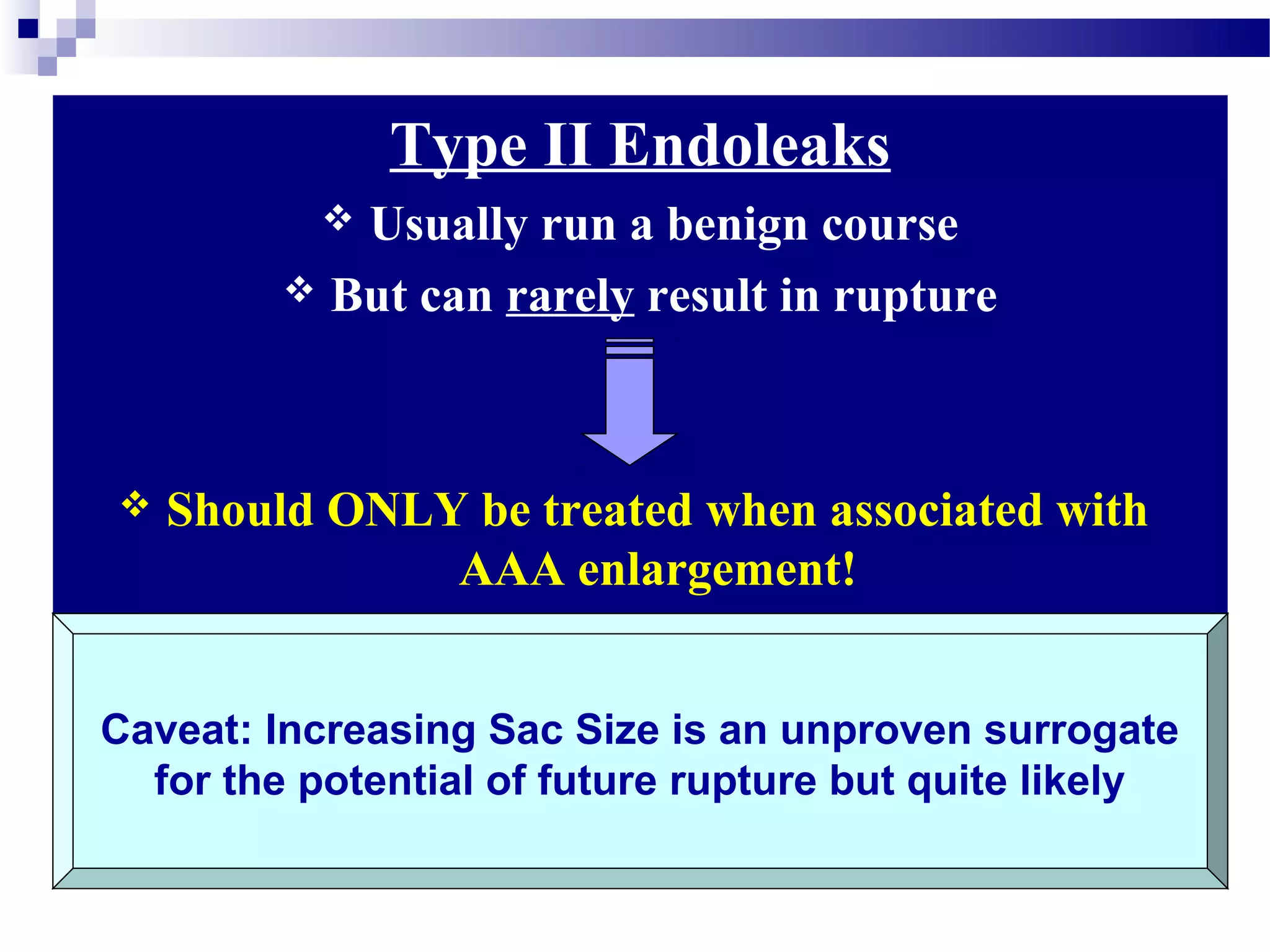 Type II Endoleaks
 Usually run a benign course
 But can rarely result in rupture
 Should ONLY be treated when associated with
AAA enlargement!
Caveat: Increasing Sac Size is an unproven surrogate
for the potential of future rupture but quite likely
 