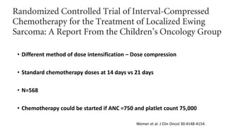 • Different method of dose intensification – Dose compression
• Standard chemotherapy doses at 14 days vs 21 days
• N=568
• Chemotherapy could be started if ANC =750 and platlet count 75,000
Womer et al. J Clin Oncol 30:4148-4154.
 