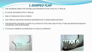 L-SHAPED FLAP
 THE ANTERIOR LIMB IS THE VESTIBULAR EXTENSION AT THE LEVEL OF 2ND MOLAR
 IT CAN BE EXTENDED UPTO 1ST MOLAR
 RISK OF DAMAGING FACIAL VESSELS
 THE VERTICAL RELIEVING INCISION DIFFERENTIATE IT FROM WARDS INCISION
 THIS RELIEVING INCISION IS GIVEN AT 45O ANGLE TO THE LONG AXIS OF THE 2ND MOLAR AND RUNS STRAIGHT
ANTERIORLY AND DOWNWARDS
 IT TOTALLY COMMITS AN OPERATOR TO A BUCCAL APPROACH
 