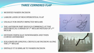 THREE CORNERED FLAP
 MODIFIED WARDS INCISION
 LARGER LAYER OF MUCOPERIOSTEAL FLAP
 USUALLY FOR DEEPLY IMPACTED MOLARS
 THE ANTERIOR PART SHOULD COMMENCE AT THE
DISTOBUCCAL CORNER OF 1ST MOLAR INSTEAD OF 2ND
MOLAR
 EXTENDS VERTICALLY DOWNWARDS AND THEN
CURVED ANTERIORLY
 FOLLOWED BY GINGIVAL CREVICULAR INCISION ALONG
THE 2ND MOLAR
 DISTALLY IT IS SIMILAR TO WARDS INCISION
 