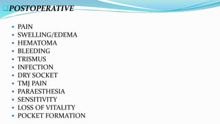 POSTOPERATIVE
 PAIN
 SWELLING/EDEMA
 HEMATOMA
 BLEEDING
 TRISMUS
 INFECTION
 DRY SOCKET
 TMJ PAIN
 PARAESTHESIA
 SENSITIVITY
 LOSS OF VITALITY
 POCKET FORMATION
 