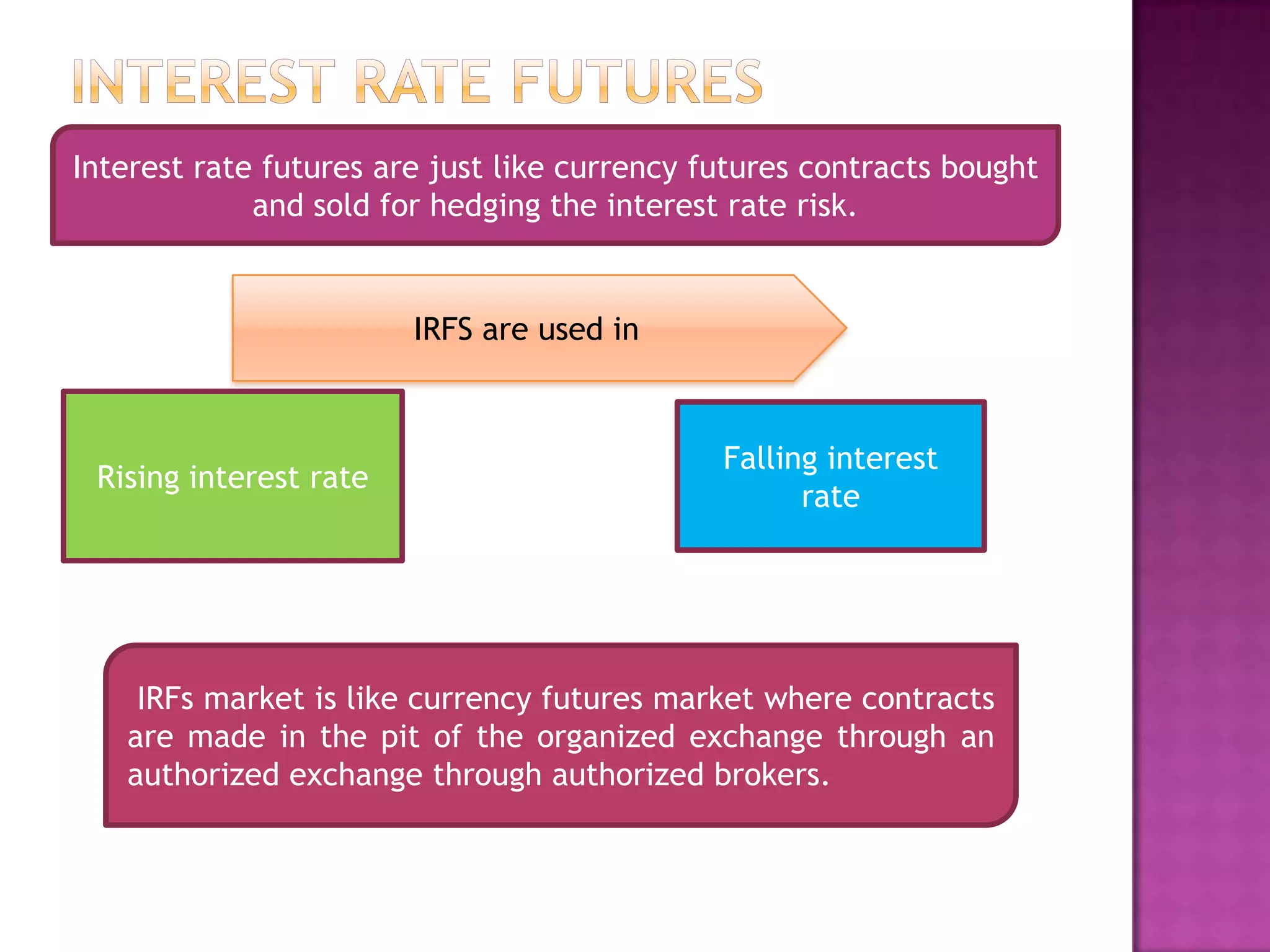 Interest rate futures are just like currency futures contracts bought
and sold for hedging the interest rate risk.
IRFS are used in
Falling interest
Rising interest rate
rate
IRFs market is like currency futures market where contracts
are made in the pit of the organized exchange through an
authorized exchange through authorized brokers.