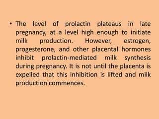 • The level of prolactin plateaus in late
pregnancy, at a level high enough to initiate
milk production. However, estrogen,
progesterone, and other placental hormones
inhibit prolactin-mediated milk synthesis
during pregnancy. It is not until the placenta is
expelled that this inhibition is lifted and milk
production commences.
 