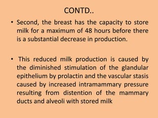 CONTD..
• Second, the breast has the capacity to store
milk for a maximum of 48 hours before there
is a substantial decrease in production.
• This reduced milk production is caused by
the diminished stimulation of the glandular
epithelium by prolactin and the vascular stasis
caused by increased intramammary pressure
resulting from distention of the mammary
ducts and alveoli with stored milk
 
