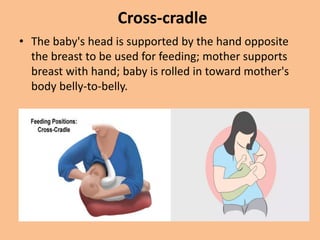 Cross-cradle
• The baby's head is supported by the hand opposite
the breast to be used for feeding; mother supports
breast with hand; baby is rolled in toward mother's
body belly-to-belly.
 