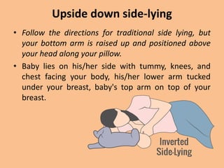 Upside down side-lying
• Follow the directions for traditional side lying, but
your bottom arm is raised up and positioned above
your head along your pillow.
• Baby lies on his/her side with tummy, knees, and
chest facing your body, his/her lower arm tucked
under your breast, baby's top arm on top of your
breast.
 