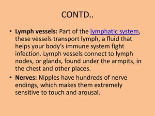 CONTD..
• Lymph vessels: Part of the lymphatic system,
these vessels transport lymph, a fluid that
helps your body’s immune system fight
infection. Lymph vessels connect to lymph
nodes, or glands, found under the armpits, in
the chest and other places.
• Nerves: Nipples have hundreds of nerve
endings, which makes them extremely
sensitive to touch and arousal.
 