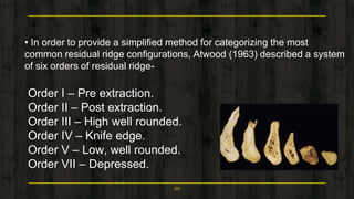 • In order to provide a simplified method for categorizing the most
common residual ridge configurations, Atwood (1963) described a system
of six orders of residual ridge-
Order I – Pre extraction.
Order II – Post extraction.
Order III – High well rounded.
Order IV – Knife edge.
Order V – Low, well rounded.
Order VII – Depressed.
20
 