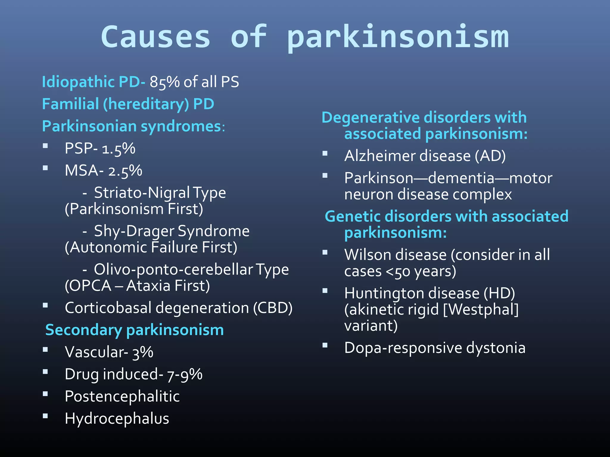 Causes of parkinsonism
Idiopathic PD- 85% of all PS
Familial (hereditary) PD
Parkinsonian syndromes:
 PSP- 1.5%
 MSA- 2.5%
- Striato-NigralType
(Parkinsonism First)
- Shy-Drager Syndrome
(Autonomic Failure First)
- Olivo-ponto-cerebellarType
(OPCA – Ataxia First)
 Corticobasal degeneration (CBD)
Secondary parkinsonism
 Vascular- 3%
 Drug induced- 7-9%
 Postencephalitic
 Hydrocephalus
Degenerative disorders with
associated parkinsonism:
 Alzheimer disease (AD)
 Parkinson—dementia—motor
neuron disease complex
Genetic disorders with associated
parkinsonism:
 Wilson disease (consider in all
cases <50 years)
 Huntington disease (HD)
(akinetic rigid [Westphal]
variant)
 Dopa-responsive dystonia
 