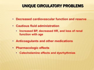 UNIQUE CIRCULATORY PROBLEMS
• Decreased cardiovascular function and reserve
• Cautious fluid administration
• Increased BP, decreased HR, and loss of renal
function with age
• Anticoagulants and other medications
• Pharmacologic effects
• Catecholamine effects and dysrhythmias
 