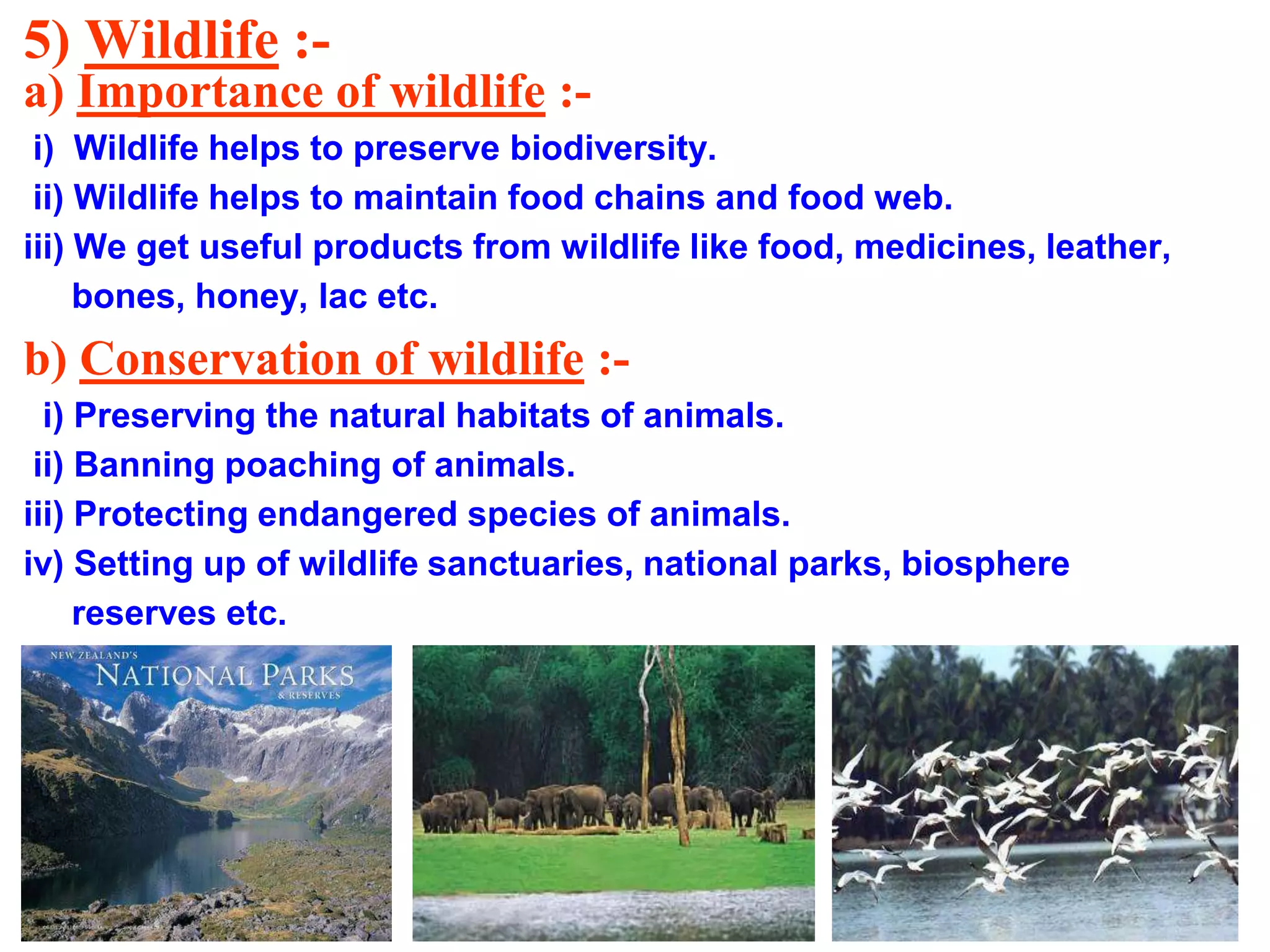 5) Wildlife :a) Importance of wildlife :i) Wildlife helps to preserve biodiversity.
ii) Wildlife helps to maintain food chains and food web.
iii) We get useful products from wildlife like food, medicines, leather,
bones, honey, lac etc.

b) Conservation of wildlife :i) Preserving the natural habitats of animals.
ii) Banning poaching of animals.
iii) Protecting endangered species of animals.
iv) Setting up of wildlife sanctuaries, national parks, biosphere
reserves etc.

 