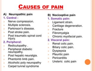 CAUSES OF PAIN
A) Neuropathic pain
1. Central :
 Nerve compression.
 Multiple sclerosis.
 Parkinson’s disease.
 Post stroke pain.
 Post traumatic spinal cord
injury.
2. Peripheral:
 Rediculopathy .
 Peripheral diabetic
neuropathy.
 Post hepatic neuralgia.
 Phantomb limb pain.
 Alcoholic poly neuropathy
 Carpel tunnel syndrome
B) Nociceptive pain
1. Somatic pain:
 Ligament strain.
 Cartilage degeneration.
 Fracture
 Fibromyalgia
 Chronic myofacial pain.
2. Visceral pain:
 Renal colic pain.
 Biliary colic pain.
 Dyspepsia
 Pleuritic pain
 Pericarditis
 Ureteric colic pain
 