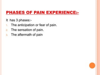 PHASES OF PAIN EXPERIENCE:-
It has 3 phases:-
1. The anticipation or fear of pain.
2. The sensation of pain.
3. The aftermath of pain
 