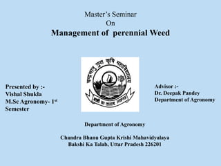 Presented by :-
Vishal Shukla
M.Sc Agronomy- 1st
Semester
Advisor :-
Dr. Deepak Pandey
Department of Agronomy
Department of Agronomy
Chandra Bhanu Gupta Krishi Mahavidyalaya
Bakshi Ka Talab, Uttar Pradesh 226201
Master’s Seminar
On
Management of perennial Weed
 