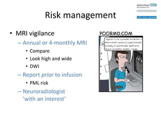 Risk management
• MRI vigilance
– Annual or 4-monthly MRI
• Compare
• Look high and wide
• DWI
– Report prior to infusion
• PML risk
– Neuroradiologist
‘with an interest’
 