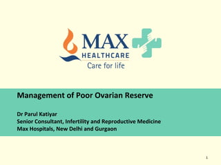 1
Management of Poor Ovarian Reserve
Dr Parul Katiyar
Senior Consultant, Infertility and Reproductive Medicine
Max Hospitals, New Delhi and Gurgaon
 