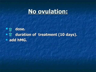 No ovulation: <ul><li>dose. </li></ul><ul><li>duration of  treatment (10 days). </li></ul><ul><li>add hMG. </li></ul>