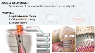 AREA OF OCCURRENCE:
Cervical area of the root as the cementum is extremely thin.
THEORIES :
1. Hydrodynamic theory
2. Odontoblastic theory
3. Neural theory
 