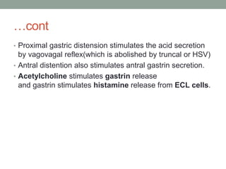 …cont
• Proximal gastric distension stimulates the acid secretion
by vagovagal reflex(which is abolished by truncal or HSV)
• Antral distention also stimulates antral gastrin secretion.
• Acetylcholine stimulates gastrin release
and gastrin stimulates histamine release from ECL cells.
 