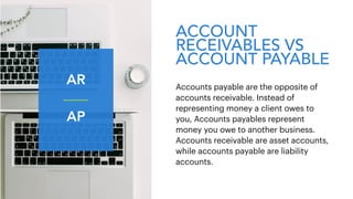ACCOUNT
RECEIVABLES VS
ACCOUNT PAYABLE
Accounts payable are the opposite of
accounts receivable. Instead of
representing money a client owes to
you, Accounts payables represent
money you owe to another business.
Accounts receivable are asset accounts,
while accounts payable are liability
accounts.
AR
AP
 