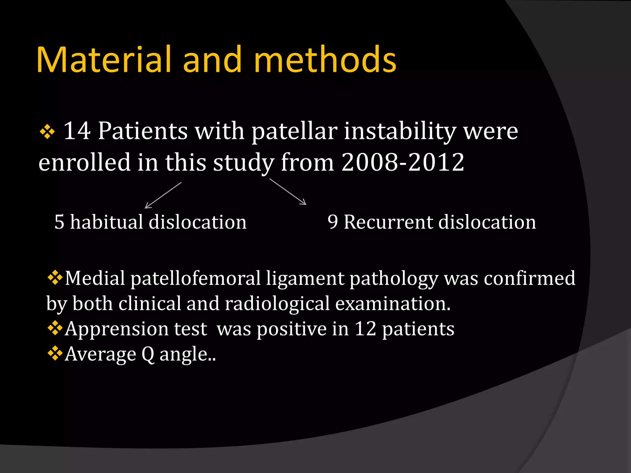 Material and methods
 14 Patients with patellar instability were
enrolled in this study from 2008-2012

 5 habitual dislocation      9 Recurrent dislocation

Medial patellofemoral ligament pathology was confirmed
by both clinical and radiological examination.
Apprension test was positive in 12 patients
Average Q angle..
 