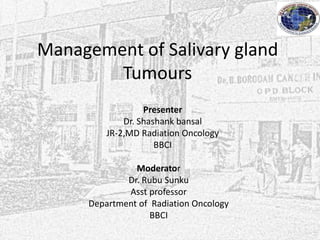 Management of Salivary gland
Tumours
Presenter
Dr. Shashank bansal
JR-2,MD Radiation Oncology
BBCI
Moderator
Dr. Rubu Sunku
Asst professor
Department of Radiation Oncology
BBCI
 
