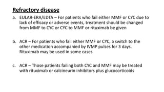 Refractory disease
a. EULAR-ERA/EDTA – For patients who fail either MMF or CYC due to
lack of efficacy or adverse events, treatment should be changed
from MMF to CYC or CYC to MMF or rituximab be given
b. ACR – For patients who fail either MMF or CYC, a switch to the
other medication accompanied by IVMP pulses for 3 days.
Rituximab may be used in some cases
c. ACR – Those patients failing both CYC and MMF may be treated
with rituximab or calcineurin inhibitors plus glucocorticoids
 