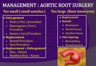  Enlargement
 Nicks ( Post. ) procedure
 Manouguian ( Post.)
Procedure
 Konno ( Ant.)Procedure
 Replacement
 Bentall Procedure
 Ross Procedure
 Replacement + Enlargement
 Ross – Konno
 Modified Ross – Konno
 Replacement
 Bentall
 Mechanical
 Stented tissue
 Stentless tissue
 ValveSparing
 Remodelling
 Reimplantation
 