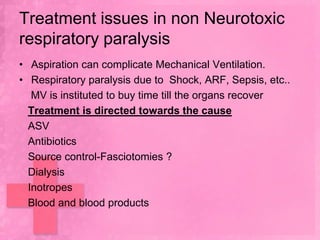 Treatment issues in non Neurotoxic
respiratory paralysis
• Aspiration can complicate Mechanical Ventilation.
• Respiratory paralysis due to Shock, ARF, Sepsis, etc..
   MV is instituted to buy time till the organs recover
  Treatment is directed towards the cause
  ASV
  Antibiotics
  Source control-Fasciotomies ?
  Dialysis
  Inotropes
  Blood and blood products
 