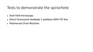 Tests to demonstrate the spirochete
 Dark field microscopy
 Direct Fluorescent Antibody T. pallidum (DFA-TP) Test
 Polymerase Chain Reaction
 