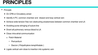 PRINCIPLES
• Principle
✦ On CPB or Circulatory arrest
✦ Identify 4 PV, common chamber and dissect and loop vertical vein
✦ Achieve wide tension free non obstructing anastomosis between common chamber and LA
✦ Avoiding purse stringing of suture line
✦ Divert all pulmonary venous blood to LA
✦ Close intra-atrial communication
★ Patch Material
• Pericardium
• Dacron ( Polyethylene terephthalate )
✦ Ligate vertical vein close to insertion into systemic vein
 