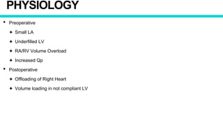 PHYSIOLOGY
• Preoperative
✦ Small LA
✦ Underfilled LV
✦ RA/RV Volume Overload
✦ Increased Qp
• Postoperative
✦ Offloading of Right Heart
✦ Volume loading in not compliant LV
 