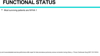 FUNCTIONAL STATUS
• Most surviving patients are NYHA 1
ary and musculoskeletal exercise performance after repair for total anomalous pulmonary venous connection during infancy. J Thorac Cardiovasc Surg 2007;133:1533-9.
 