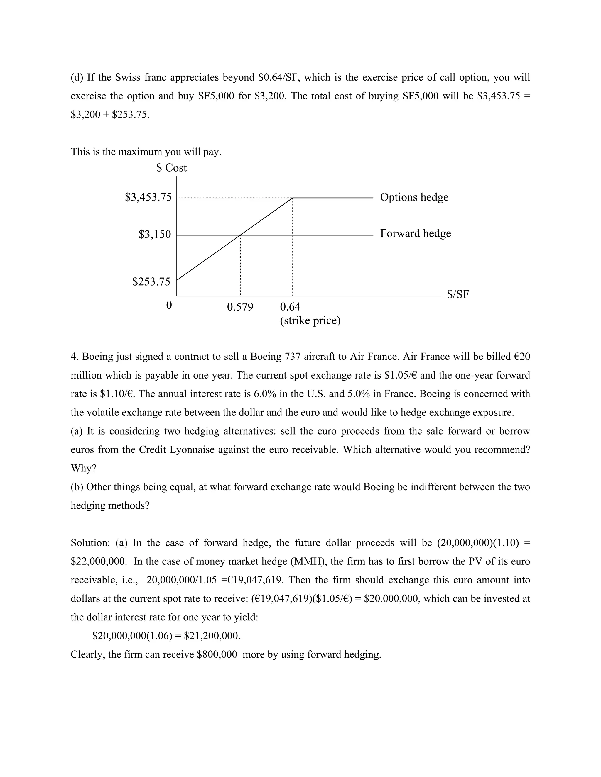 (d) If the Swiss franc appreciates beyond $0.64/SF, which is the exercise price of call option, you will
exercise the option and buy SF5,000 for $3,200. The total cost of buying SF5,000 will be $3,453.75 =
$3,200 + $253.75.
This is the maximum you will pay.
4. Boeing just signed a contract to sell a Boeing 737 aircraft to Air France. Air France will be billed €20
million which is payable in one year. The current spot exchange rate is $1.05/€ and the one-year forward
rate is $1.10/€. The annual interest rate is 6.0% in the U.S. and 5.0% in France. Boeing is concerned with
the volatile exchange rate between the dollar and the euro and would like to hedge exchange exposure.
(a) It is considering two hedging alternatives: sell the euro proceeds from the sale forward or borrow
euros from the Credit Lyonnaise against the euro receivable. Which alternative would you recommend?
Why?
(b) Other things being equal, at what forward exchange rate would Boeing be indifferent between the two
hedging methods?
Solution: (a) In the case of forward hedge, the future dollar proceeds will be (20,000,000)(1.10) =
$22,000,000. In the case of money market hedge (MMH), the firm has to first borrow the PV of its euro
receivable, i.e., 20,000,000/1.05 =€19,047,619. Then the firm should exchange this euro amount into
dollars at the current spot rate to receive: (€19,047,619)($1.05/€) = $20,000,000, which can be invested at
the dollar interest rate for one year to yield:
$20,000,000(1.06) = $21,200,000.
Clearly, the firm can receive $800,000 more by using forward hedging.
$ Cost
Options hedge
Forward hedge
$3,453.75
$3,150
0 0.579 0.64
(strike price)
$/SF
$253.75
 