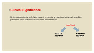 ◦Clinical Significance
◦ Before determining the underlying cause, it is essential to establish what type of wound the
patient has. These subclassifications can be acute or chronic.
ACUTE
WOUND
CHRONIC
WOUND
Typesof Wounds
 