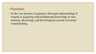 ◦Function
◦ At the very premise of gaining a thorough understanding of
wounds is acquiring solid foundational knowledge in skin
anatomy, physiology, and the biological cascade of normal
wound healing.
 