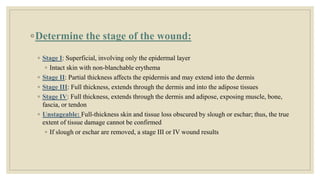 ◦Determine the stage of the wound:
◦ Stage I: Superficial, involving only the epidermal layer
◦ Intact skin with non-blanchable erythema
◦ Stage II: Partial thickness affects the epidermis and may extend into the dermis
◦ Stage III: Full thickness, extends through the dermis and into the adipose tissues
◦ Stage IV: Full thickness, extends through the dermis and adipose, exposing muscle, bone,
fascia, or tendon
◦ Unstageable: Full-thickness skin and tissue loss obscured by slough or eschar; thus, the true
extent of tissue damage cannot be confirmed
◦ If slough or eschar are removed, a stage III or IV wound results
 