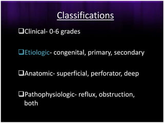 Classifications
Clinical- 0-6 grades

Etiologic- congenital, primary, secondary

Anatomic- superficial, perforator, deep

Pathophysiologic- reflux, obstruction,
 both
 
