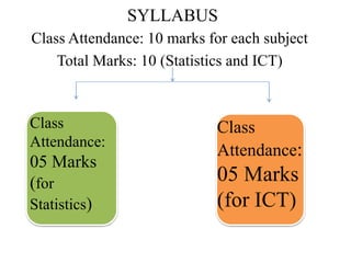 SYLLABUS
Class Attendance: 10 marks for each subject
Total Marks: 10 (Statistics and ICT)
Class
Attendance:
05 Marks
(for
Statistics)
Class
Attendance:
05 Marks
(for ICT)
 
